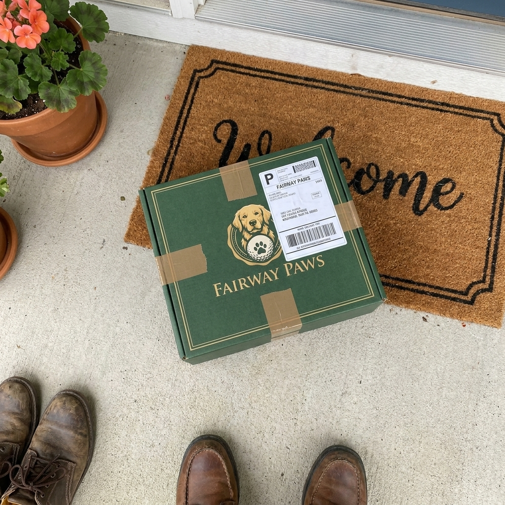 Fairway Paws box on a doormat